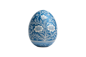 Easter blue egg with intricate white floral illustrations covering its entire surface, elegantly detailed and symmetrical, isolated on a transparent background