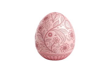 Easter pink egg etched with swirling red floral linework, full of detailed patterns and heart motifs, isolated on a transparent background