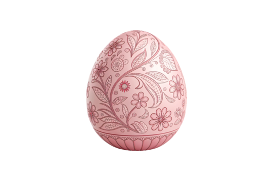 Easter pink egg etched with swirling red floral linework, full of detailed patterns and heart motifs, isolated on a transparent background - Powered by Adobe