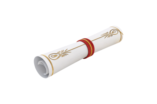 Elegant rolled scroll with gold detailing and red ribbon, resembling a formal invitation or certificate, isolated on a transparent background