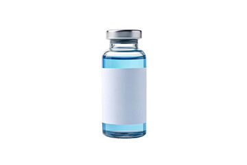 Glass medical vial filled with bright blue liquid, silver cap, and blank white label for customizable content, isolated on a transparent background