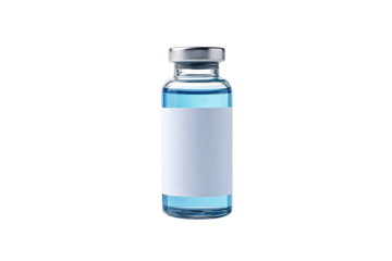 Glass medical vial filled with bright blue liquid, silver cap, and blank white label for customizable content, isolated on a transparent background