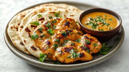 Grilled chicken pieces with flatbread and dip, garnished on a plate
