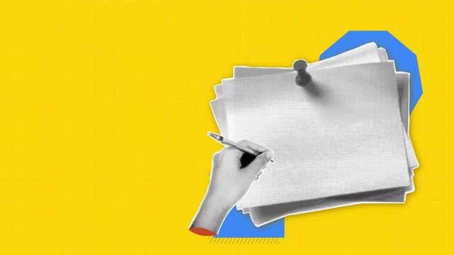 Halftone collage Hands move on paper notes, highlighting important schedules and events.