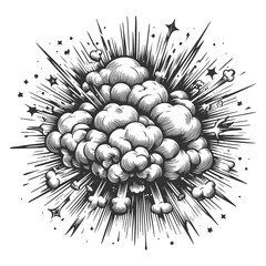 Obraz premium explosion illustration with smoke, rays, and dynamic motion lines in comic book engraving style sketch engraving generative ai raster illustration. Scratch board imitation. Black and white image.
