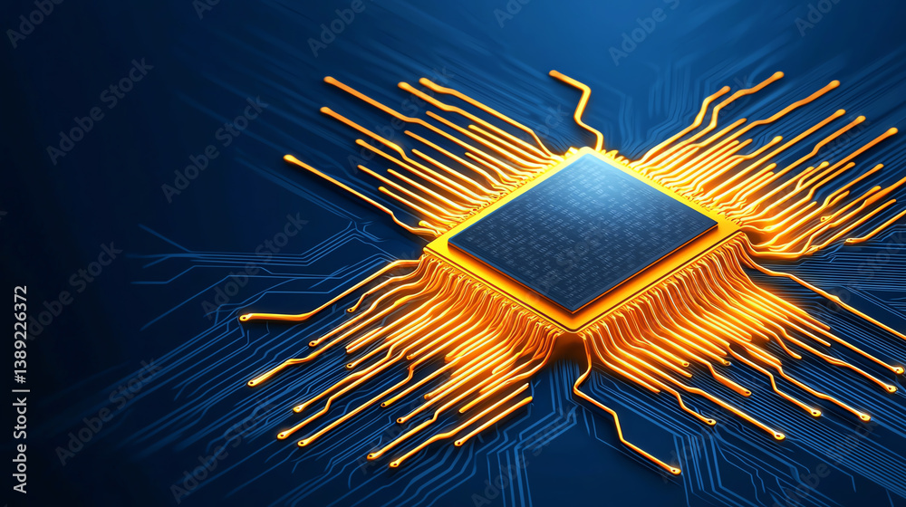 Poster An abstract representation of a microchip with glowing connections, symbolizing advanced technology and innovation in computing.