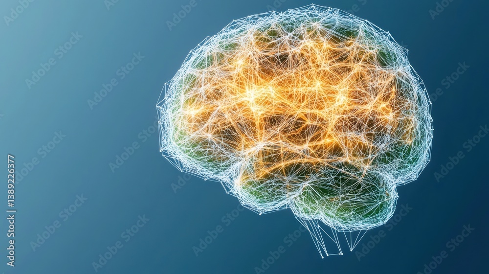 Poster An abstract representation of a brain with glowing connections, symbolizing intelligence, thoughts, and neural networks.