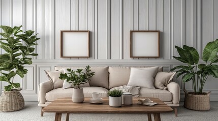 Elegant Luxury Living Room Mockup Featuring Beige Sofa, Wooden Coffee Table, Abundant Indoor Plants, Rattan Accents and Green Wall Paneling Modern Home Decor Template