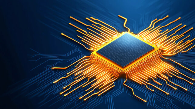 An abstract representation of a microchip with glowing connections, symbolizing advanced technology and innovation in computing.
