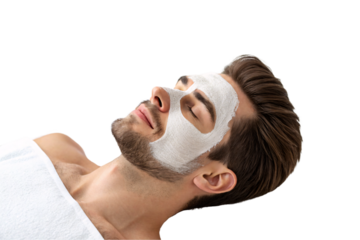 Man relaxing with a white facial mask, lying down peacefully, wrapped in a white towel, isolated on a transparent background