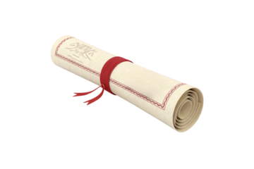 Rolled parchment with red border and ribbon, adorned with text and decorative embellishments, isolated on a transparent background