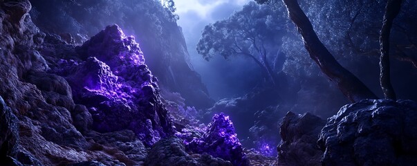 Obraz premium Lush mystical forest scene with glowing crystals, fantasy artwork, exploration, background of trees and sky