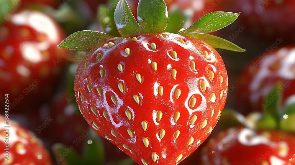 Poster close up view of a bright red strawberry showing its detailed seeds and lush green leaves : generati