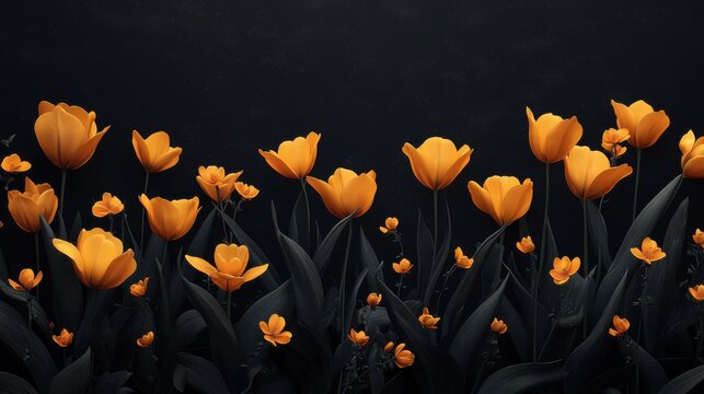 Lush yellow tulips in full bloom on a contrasting black background, perfect for mobile wallpapers. Features crisp details and a customizable text space