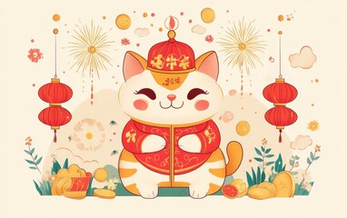 Naklejka premium Celebrating Chinese New Year with a Festive Cat in Traditional Outfit