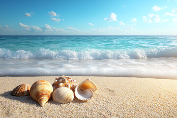 Obraz premium Beautiful seashells resting on a sandy beach, waves gently lapping in the background under a clear blue sky, evoking tranquility.