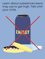 Energy drink, vape, and snus shown. Encourages parents to learn and talk with teens about modern substances and prevent risky behaviors.