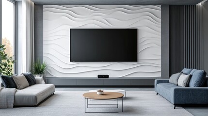Modern living room with TV wall mounted. Interior design, home decor