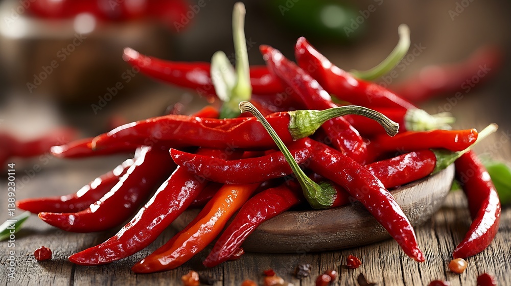 Poster fresh red chili peppers arranged on a rustic wooden surface ready for cooking : generative ai