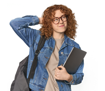 Young Caucasian redhead student with books touching back of head, thinking and making a choice.