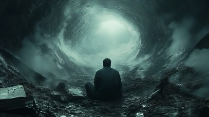 Obraz premium Person sitting before vortex, surrounded by ruins, looking towards bright light