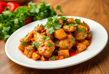 Fototapeta premium Spicy chicken dish with cilantro & peppers, white plate, meal, vegetables