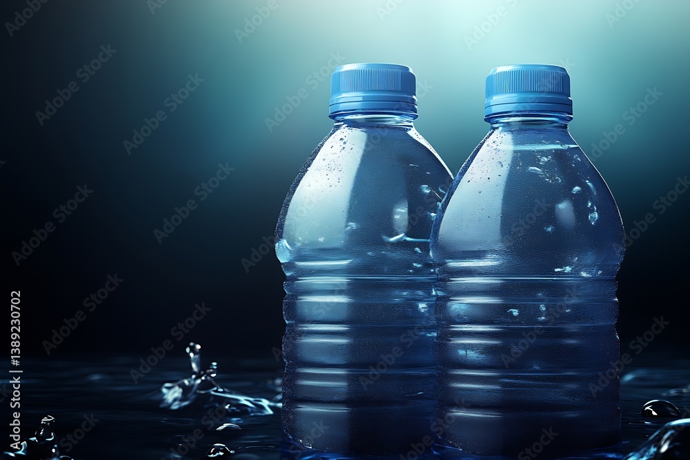 Aufkleber close-up of two blue water bottles with droplets glistening on the surface providing an inviting loo