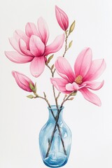 A beautiful watercolor painting featuring vibrant pink magnolia flowers