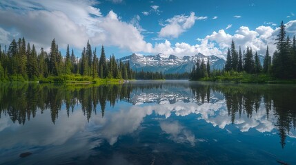 Stunning reflection of rocky mountains in bow river near canmore alberta with snowy peaks and calm water during early winter in scenic bear country