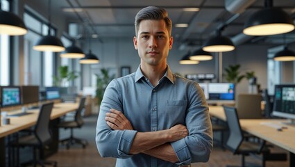 Fototapeta premium Stylish Office Portrait of a Bearded Professional Standing in a Bright, Open-Plan Workspace with Minimalist Decor and Natural Light