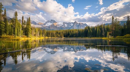 Fototapeta premium Stunning reflection of rocky mountains in bow river near canmore alberta with snowy peaks and calm water during early winter in scenic bear country