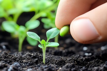 Person holding seed above young sprout in soil representing the nurturing process of plant growth : Generative AI