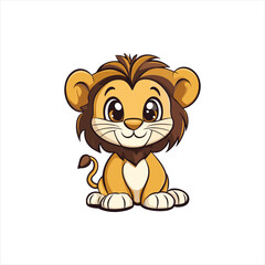Naklejka premium Cute Cartoon Lion Smiling Vector Illustration. Adorable cartoon lion sitting and smiling with big eyes and a friendly expression. Perfect for children's illustrations, educational materials etc.