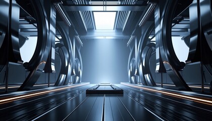 Futuristic Interior Corridor Perspective Showcasing Modern Architecture And Technology Elements