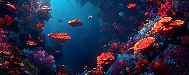 Naklejka premium Colorful ocean coral reef scene with light rays underwater, creating an immersive and vibrant aquatic scene