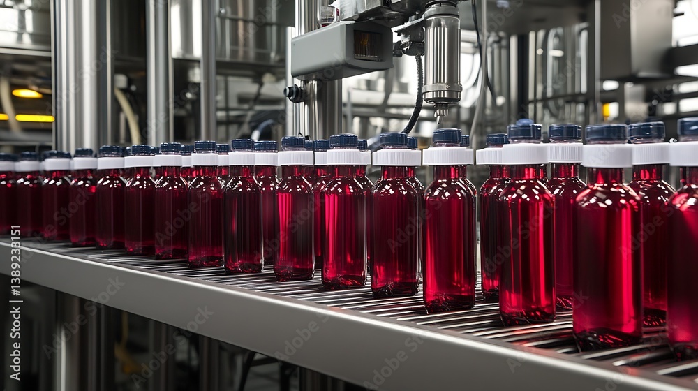 Poster Close up view of a factory production line with bottles of red liquid on a conveyor belt : Generative AI