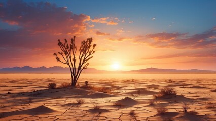 "A peaceful desert sunrise, with the first light of dawn gently touching the land, heralding the start of a new day."
