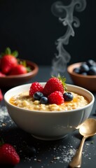Steaming hot bowl of oatmeal topped with honey and berries, meal, warm, hot