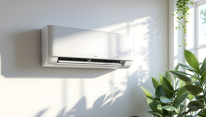 Modern slim air conditioner with cool fresh blue moving stream in living room. Summer cooling system installation. Ventilation system. Energy efficient climate control