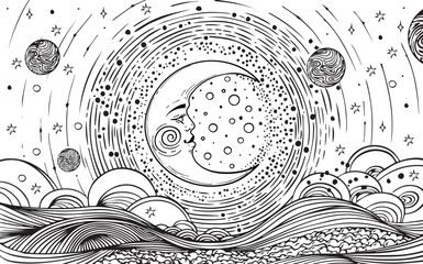 Heavenly coloring page for adults with crescent moon with face, universe with planets, stars and clouds, esoteric zodiac poster, horoscope, tarot. Vector poster illustration.
