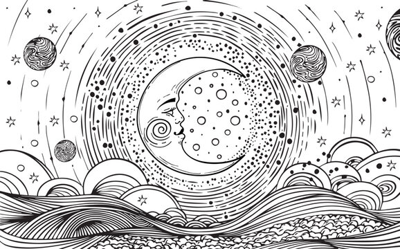 Heavenly coloring page for adults with crescent moon with face, universe with planets, stars and clouds, esoteric zodiac poster, horoscope, tarot. Vector poster illustration.
