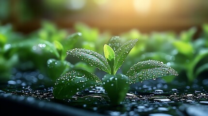 Close up of green seedlings with dew drops glistening under sunlight in a beautiful garden setting : Generative AI