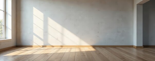 Obraz premium Spacious vacant room featuring concrete wall and hardwood floor, interior, room, minimalist