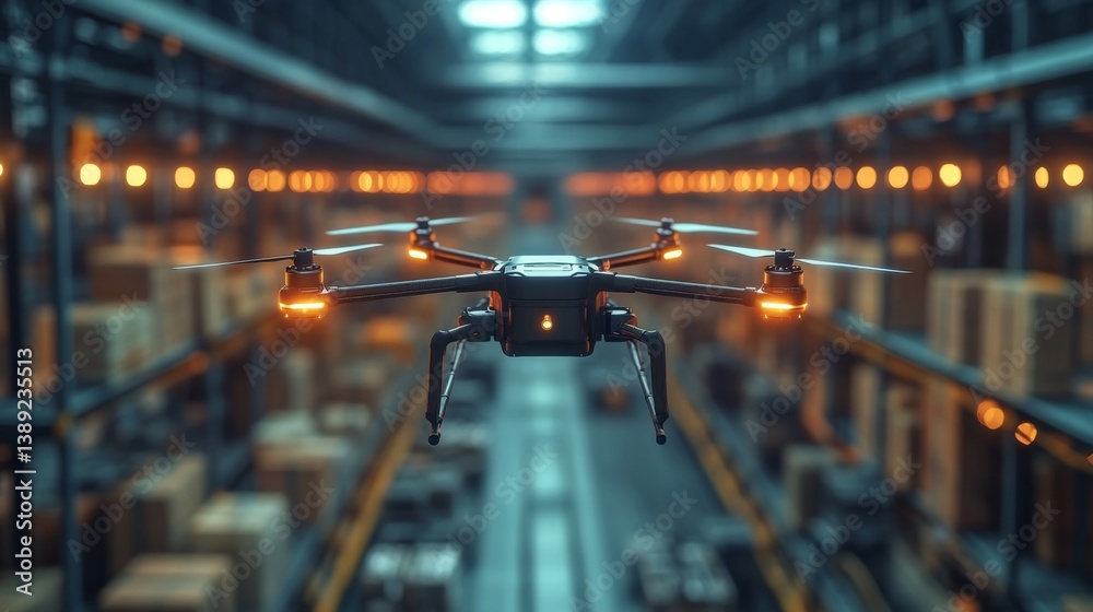 Fototapete a drone navigates through a large logistics center, efficiently managing inventory and enhancing the