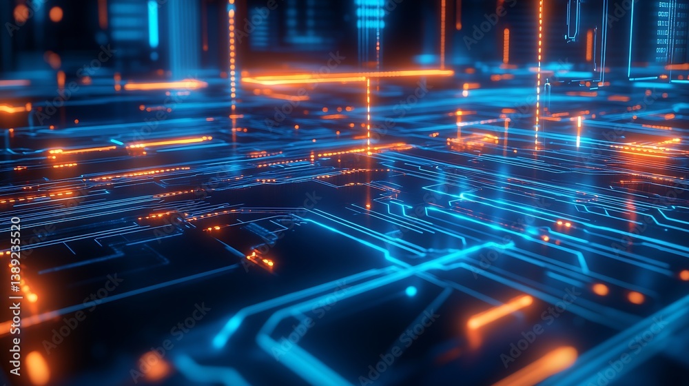 Fototapete High-Tech Circuit Board Design with Glowing Electronic Lines and Data Flow : Generative AI