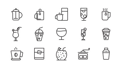 Drinks line icon set. Alcohol, cocktails, champagne, energy, coffee, tea, whiskey, wine, glasses, beer, bar outline icon collection. UI thin outline icon pack