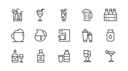 Drinks line icon set. Alcohol, cocktails, champagne, energy, coffee, tea, whiskey, wine, glasses, beer, bar outline icon collection. UI thin outline icon pack