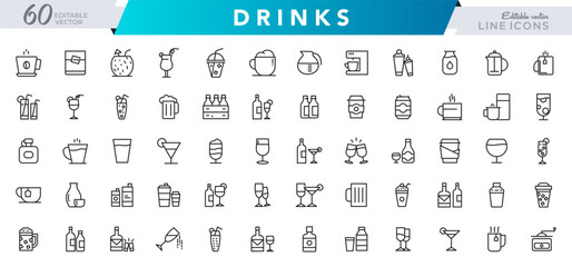 Drinks line icon set. Alcohol, cocktails, champagne, energy, coffee, tea, whiskey, wine, glasses, beer, bar outline icon collection. UI thin outline icon pack