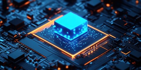 Fototapeta premium Futuristic Energy Tech: 3D Isometric Battery Icons with Holographic Glow. Floating Microchip Amidst Circuits on Black Background. Clean Digital Design for AI-Generated Posters, Banners, and Websites