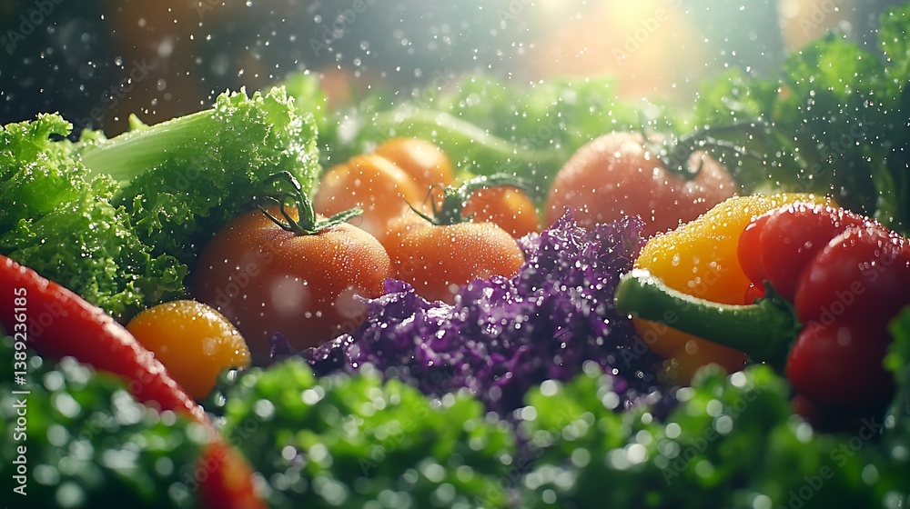 Poster Diverse mix of fresh vegetables splashed with water droplets creating a vivid garden atmosphere bursting with health : Generative AI